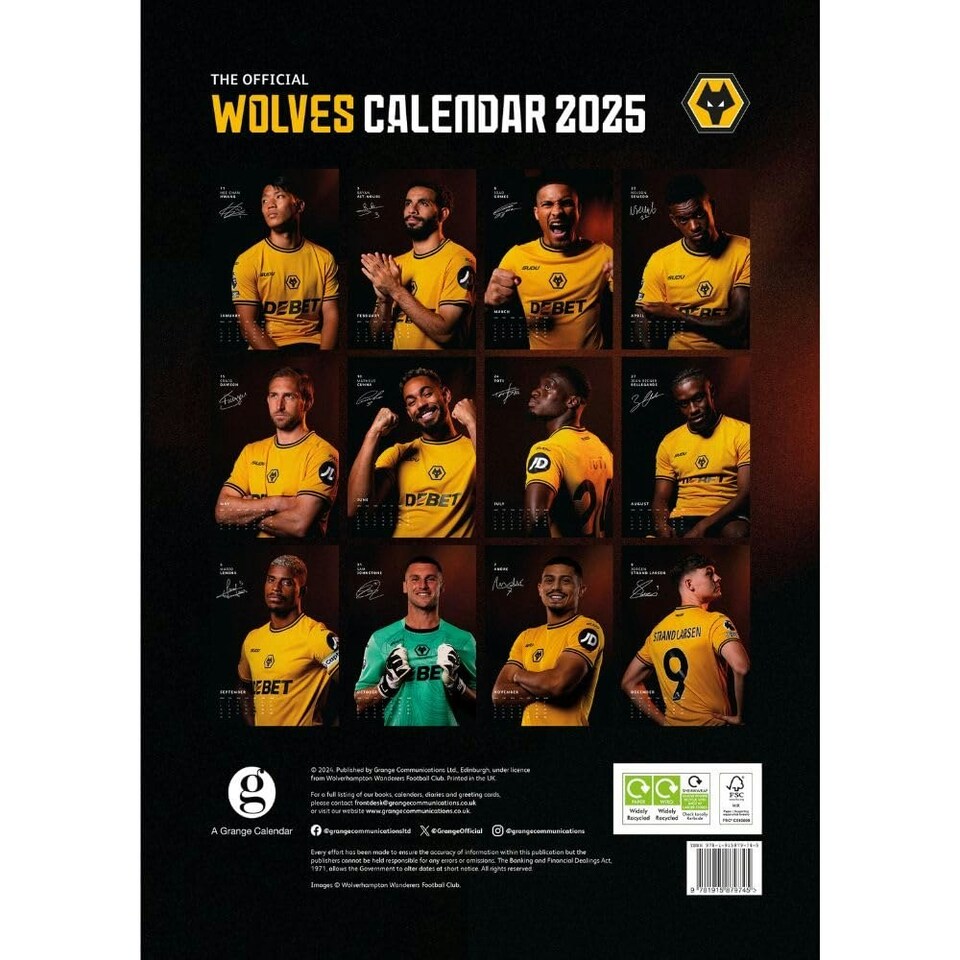 image 1 of Wolverhampton Wanderers FC 2025 A3 Wall Calendar - Black/Yellow - One Size