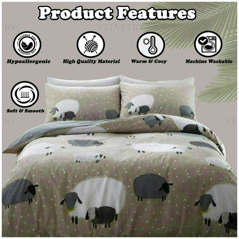 image 1 of VELVETIO Sheep Duvet Cover Set Reversible Polycotton Easy Care Beddings Grey | King