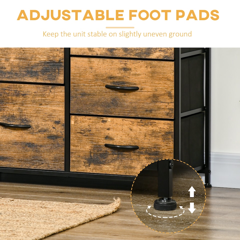 image 1 of HOMCOM Bedroom Chest of Drawers, Industrial 5 Fabric Drawer Dresser with Open Shelf for Living Room, Rustic Brown