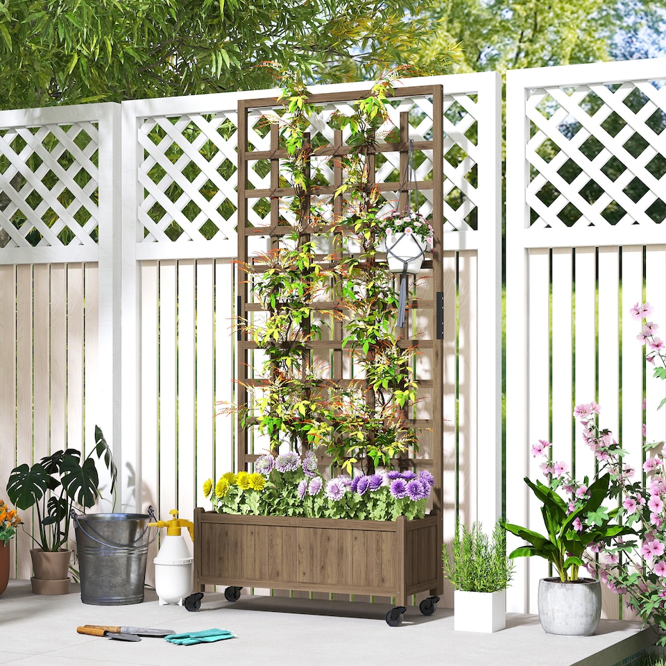 image 1 of Outsunny Wooden Trellis Planter, Raised Garden Bed with Wheels, Brown | Brown | Brown