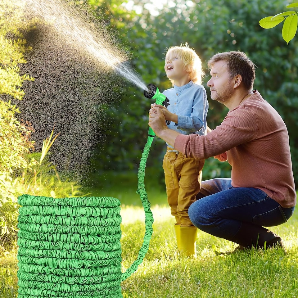 image 1 of 100ft Green Garden Snake Hose Expandable Flexible Hose Pipe + Spray Gun