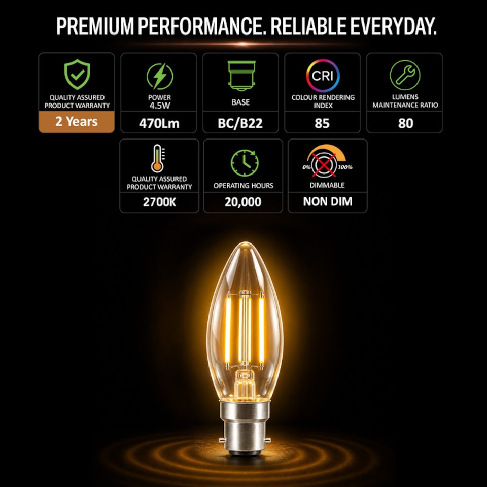 image 1 of BELL Lighting B22 LED Filament Candle Warm White 2700K 4.5W Energy Saving