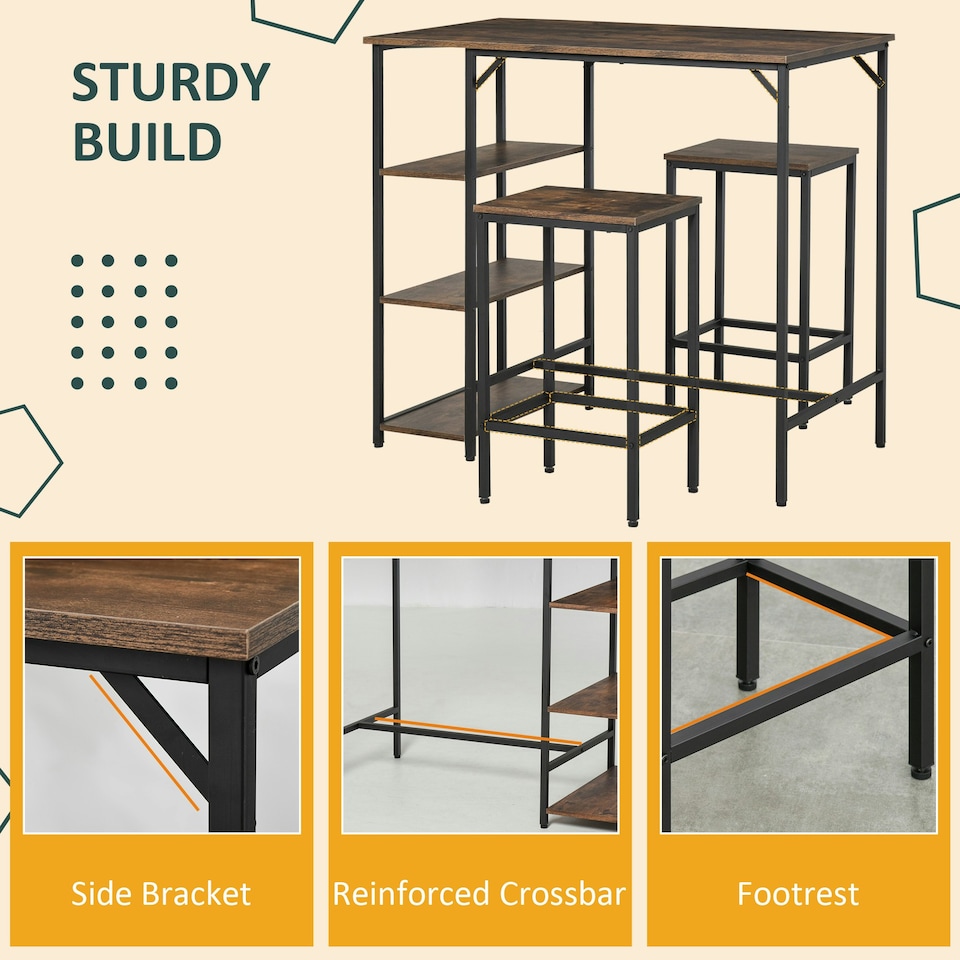 image 1 of HOMCOM Industrial Bar Height Dining Table Set 3 Pieces Bar Set with Shelf