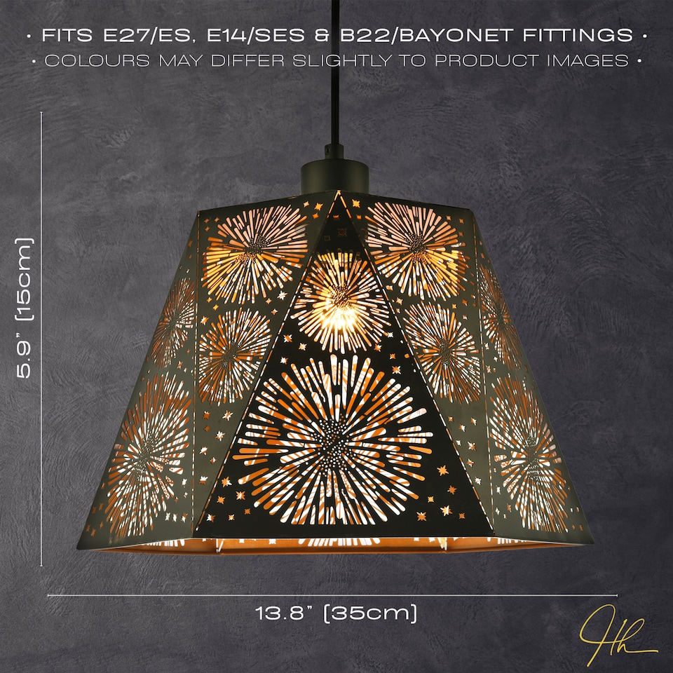 image 1 of Designer Hexagonal Pendant Lamp Shade in Matte Black with Starburst Shapes | Black