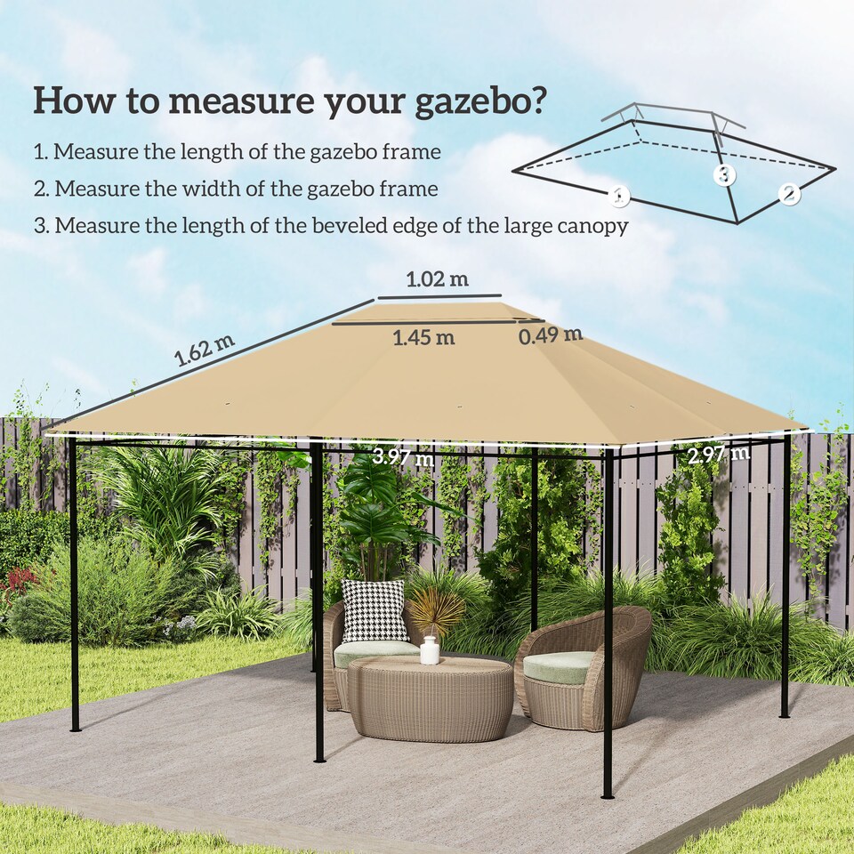 image 1 of Outsunny 3 x 4m Gazebo Canopy Replacement Covers, Garden Gazebo Roof Replacement with Vents and Drain Holes, TOP COVER ONLY, Khaki