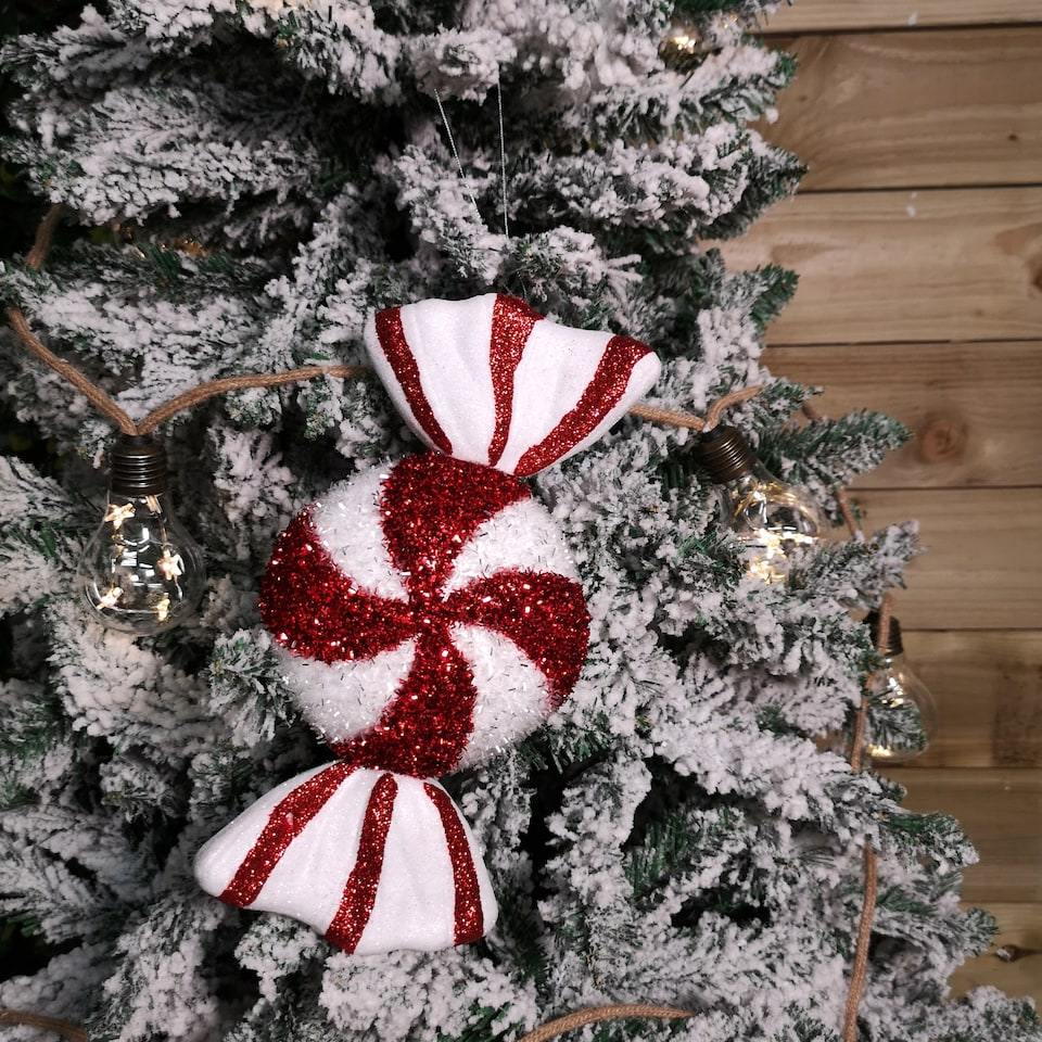 image 1 of 28cm Red and White Glitter Candy Stripe Sweet Hanging Christmas Decoration