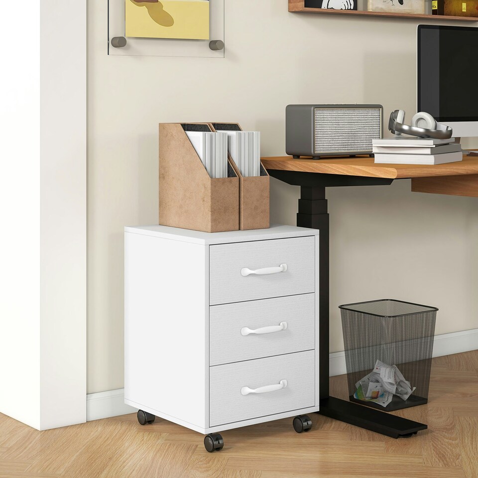 image 1 of HOMCOM File Cabinet with 3 Drawers, Under Desk Mobile Filing Cabinet White