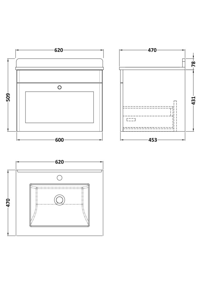 image 1 of Balterley Swynnerton Traditional 1 Drawer Wall Hung Vanity Unit with Marble Basin, Satin Grey, 600mm