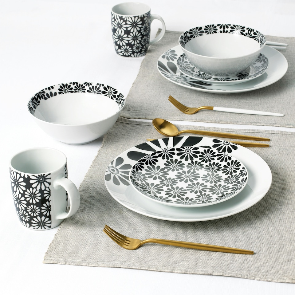image 1 of 16pc Black & White Kira Dinner Set