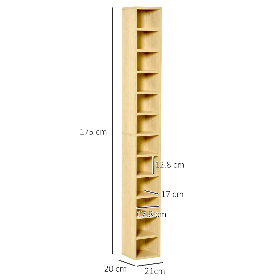 image 1 of HOMCOM 204 CD Storage Tower Tall Bookcase Bookshelf with 12 Cubes Oak Tone