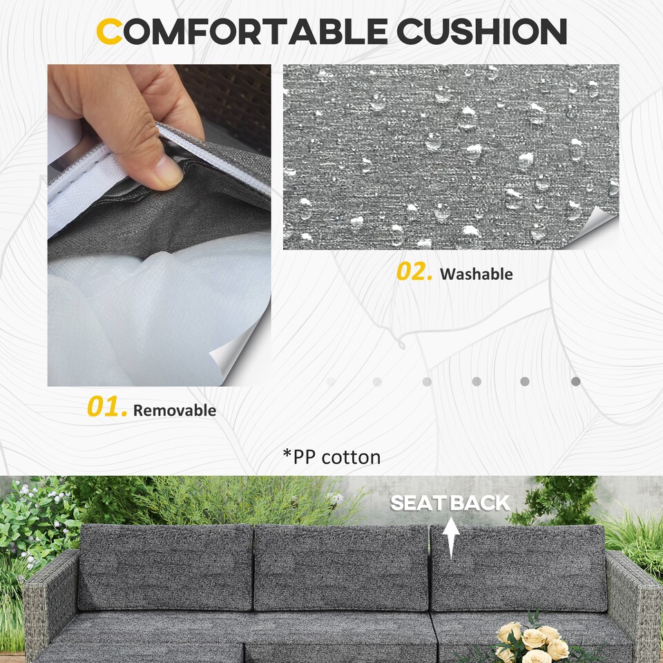 image 1 of Outsunny 5 Pieces PE Rattan Garden Furniture Set, 4 Seater Garden Corner Sofa Set with Glass Coffee Table, Wicker Outdoor Furniture Set with Cushions for Patio Deck, Dark Grey