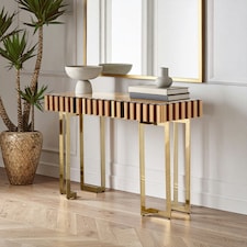 Interiors by Premier Reflective Gold Console Table with Drawer, Modern Mirrored Console Table, Gold Metal and Glass Console Table Gold