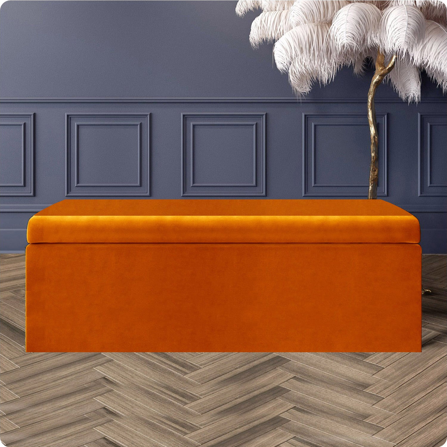 120cm Large Plain Safar Storage Ottoman Box, Burnt Orange Plush Velvet Upholstered Deep Storage Ottoman End of Bed Bench