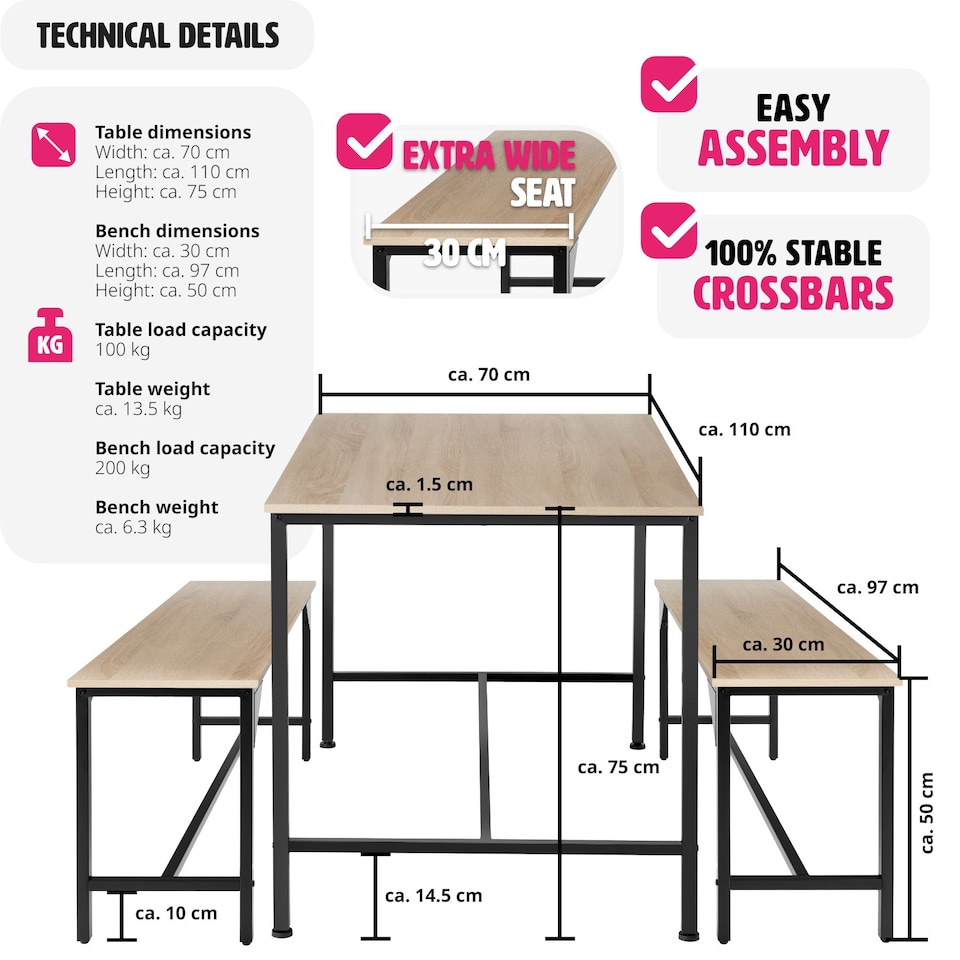 image 1 of Dining Table Set Bolton - 3-piece, 2 benches | Brown | industrial wood light, oak Sonoma | 1