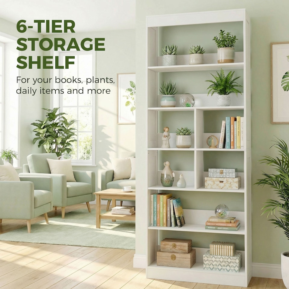 image 1 of HOMCOM Bookcase, 6-Tier Bookshelf with Anti-Tipping Design