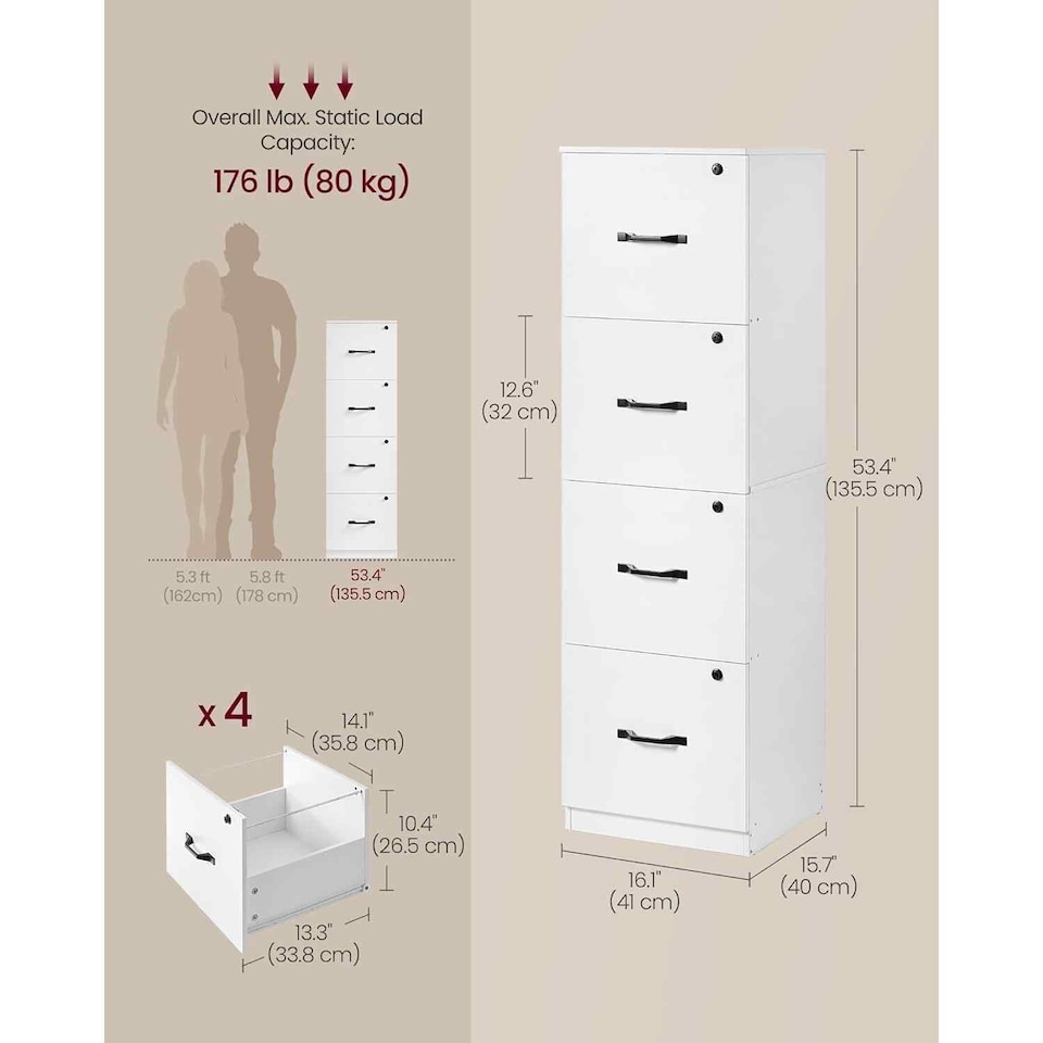 image 1 of Home Office File Cabinet with 4 Lockable Drawers, Printer Stand and Hanging File Storage, Cloud White