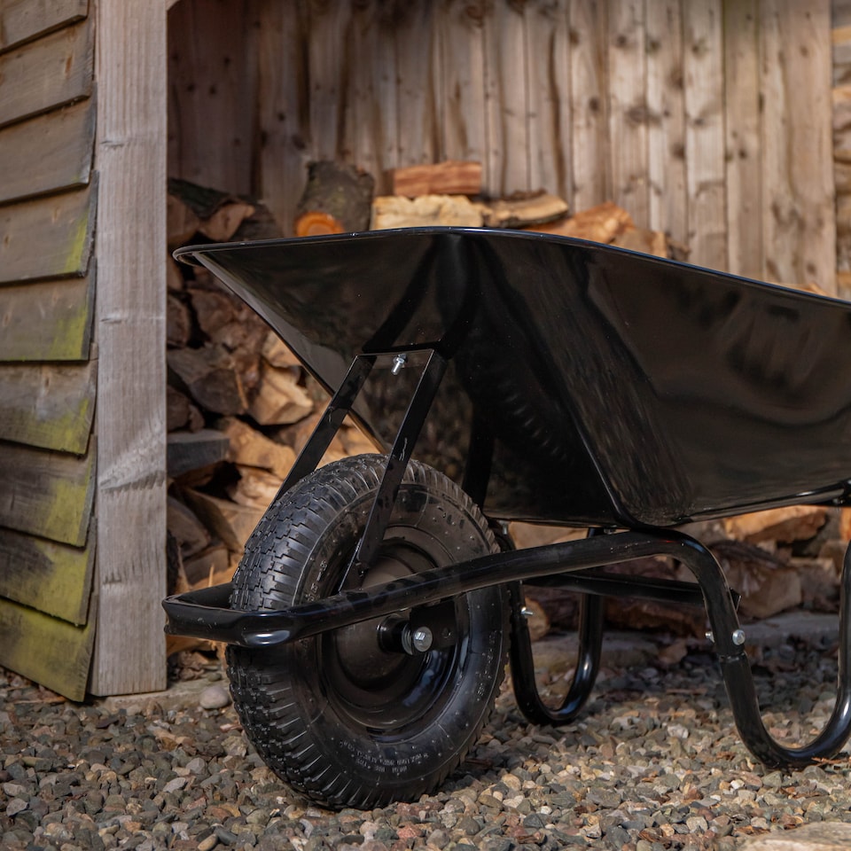 image 1 of 90 Litre 150kg Capacity Heavy Duty Outdoor Galvanised Pneumatic Metal Garden Wheelbarrow in Black