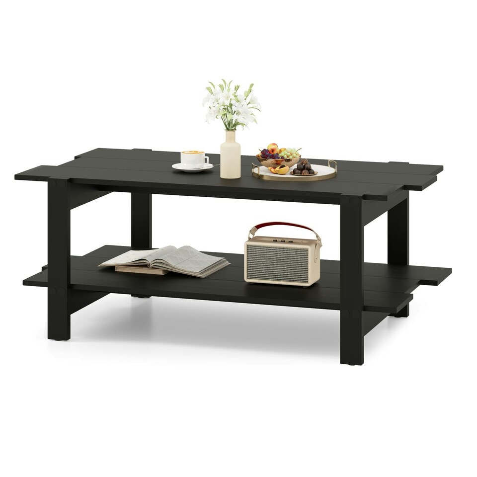 image 1 of COSTWAY 2-Tier Coffee Table Slatted Wood Center Table Black Black