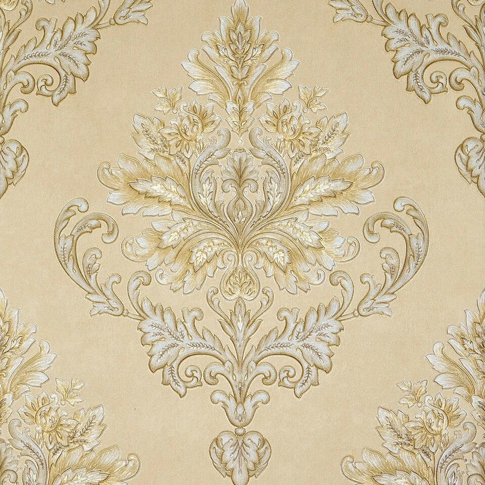 image 1 of Jasmine Damask Wallpaper in Sand with Metallic Gold Multi