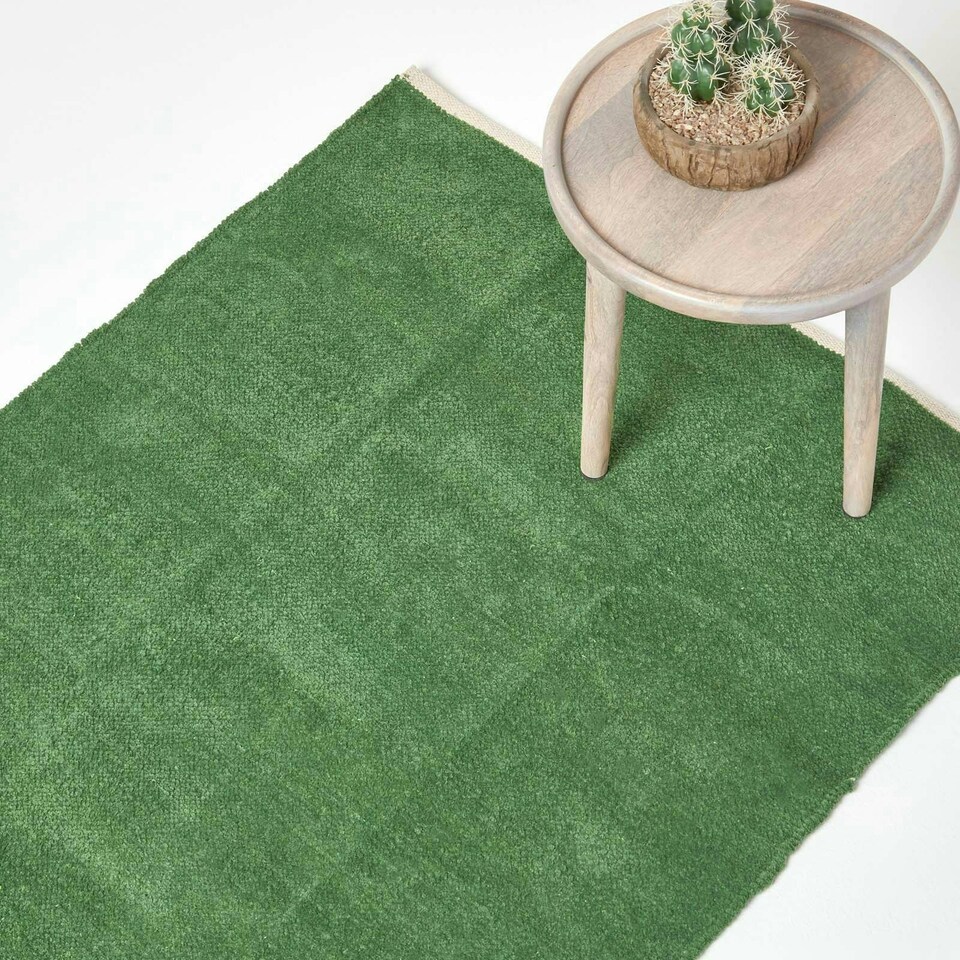 image 1 of Homescapes Dark Olive 100% Cotton Plain Chenille Rug with Natural Trim - 45 x 70 cm Green | 45 x 70 cm