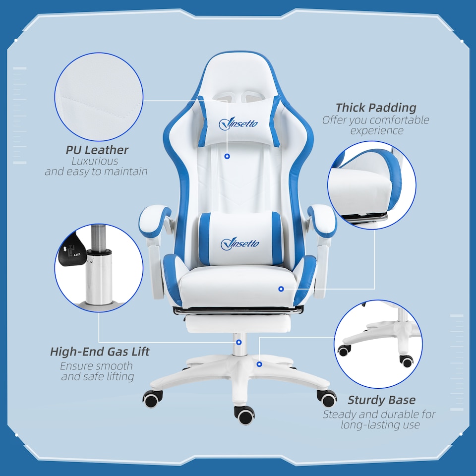 image 1 of Vinsetto Racing Style Gaming Chair with Reclining Function Footrest, Blue