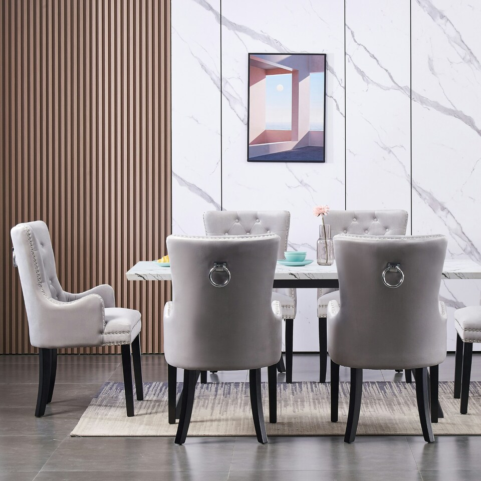 image 1 of Set of 4 Velvet Dining Chairs with Armrest, Ergonomic Scoop Knockerback & Button Tufted Wood Legs Grey | Light Grey
