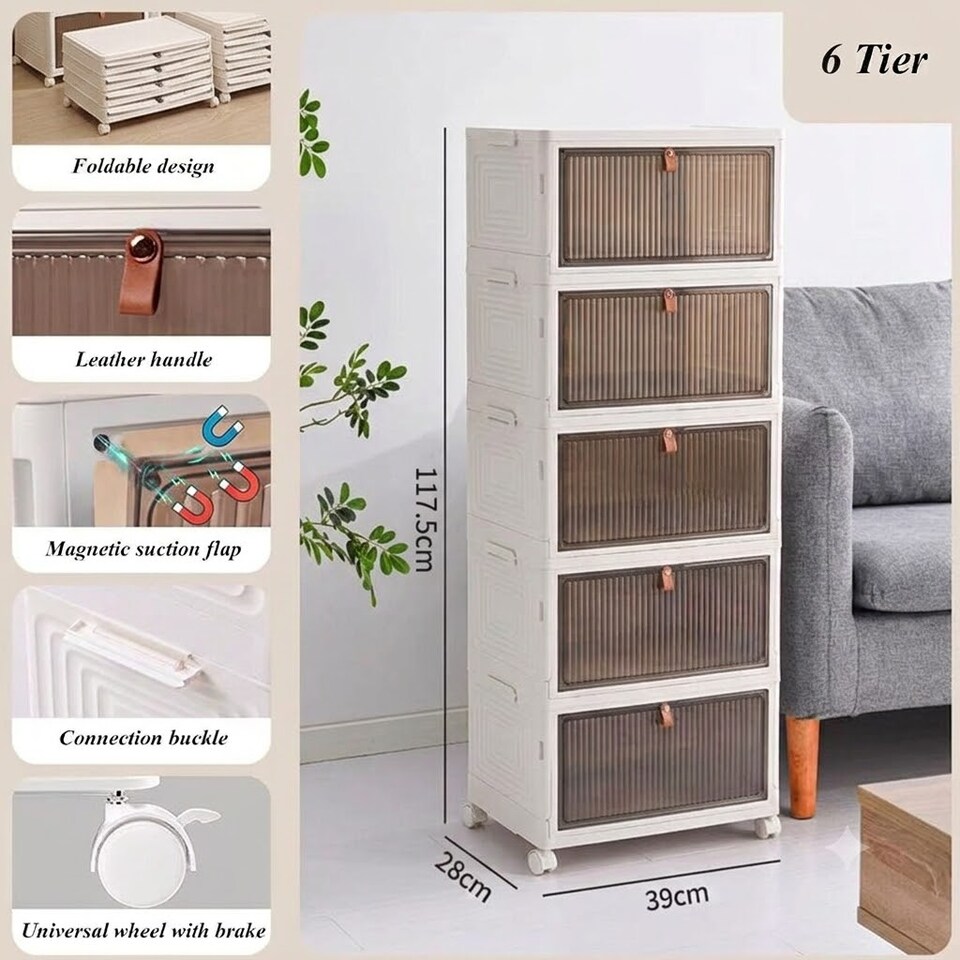 image 1 of Plastic Storage Drawer Tower Unit with Wheels – 6 Tier Multipurpose Organizer for Home & Office