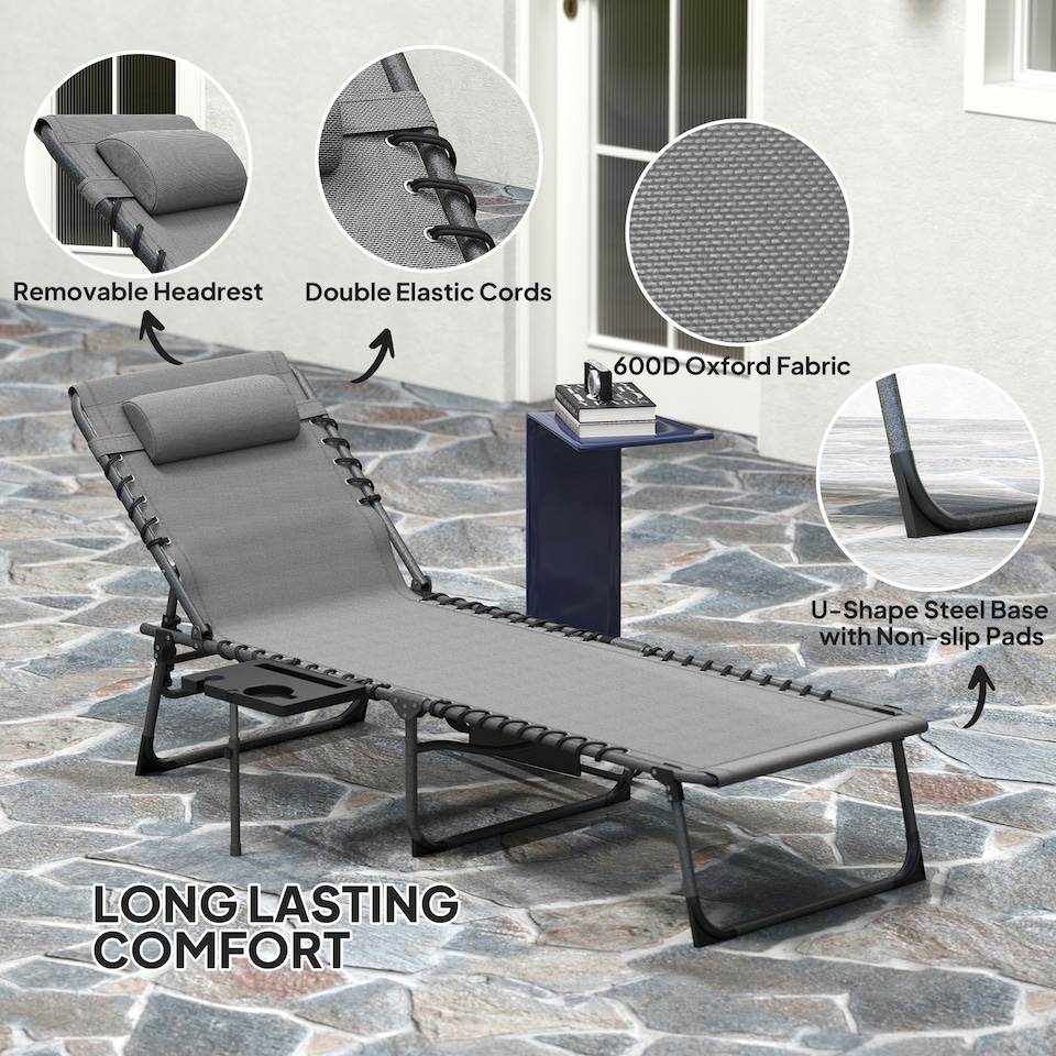 image 1 of Outsunny Folding Sun Lounger with 5-Level Reclining Back, Side Table, Beige