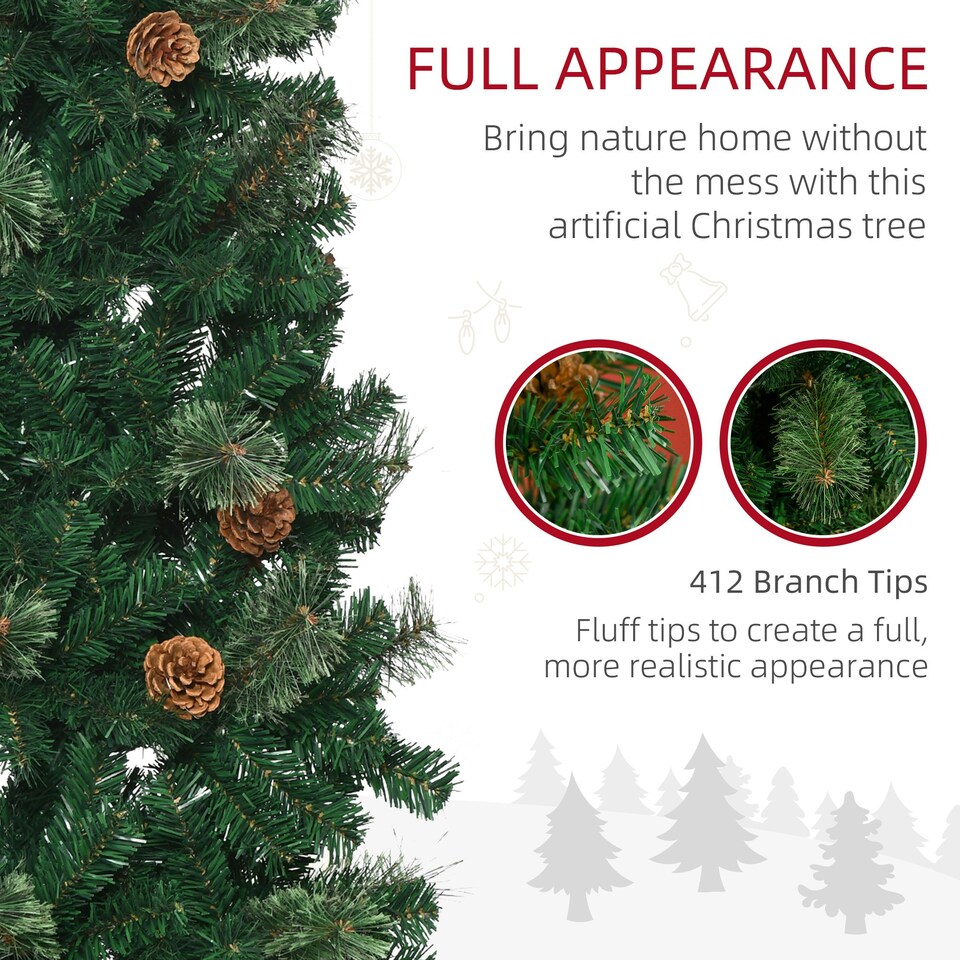 image 1 of HOMCOM 5.5FT Artificial Slim Christmas Tree Holiday Home Décor with Pine Cones
