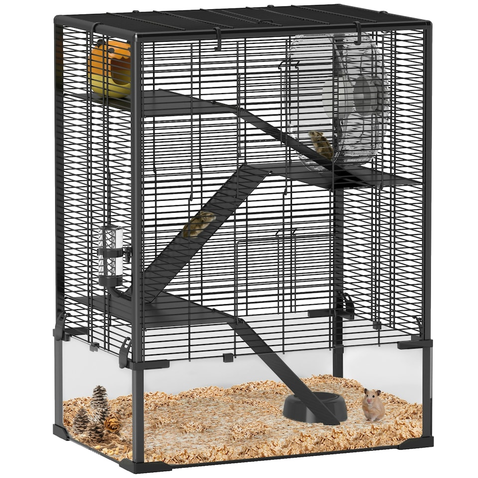 image 1 of PawHut 4 Tiers Hamster Cage with Deep Tempered Glass Bottom, 60 x 40 x 80cm
