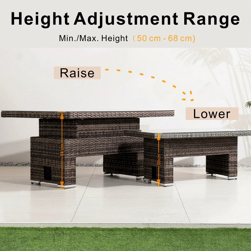 image 1 of Direct Wicker Outdoor Garden Rattan Rising Table with 5mm Clear Tempered Glass Top, Aluminium Frame for Patio, Balcony | Brown