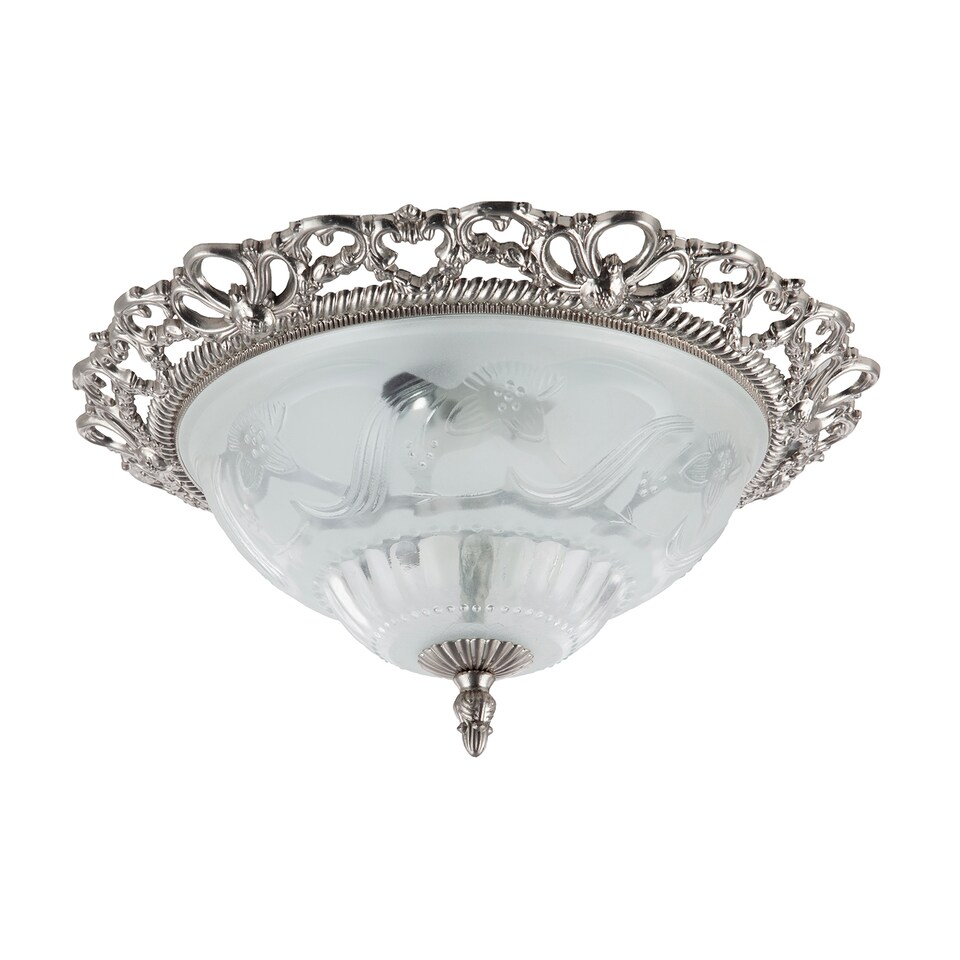 image 1 of Traditional Satin Nickel and Floral Glass Flush Ceiling Light | Silver