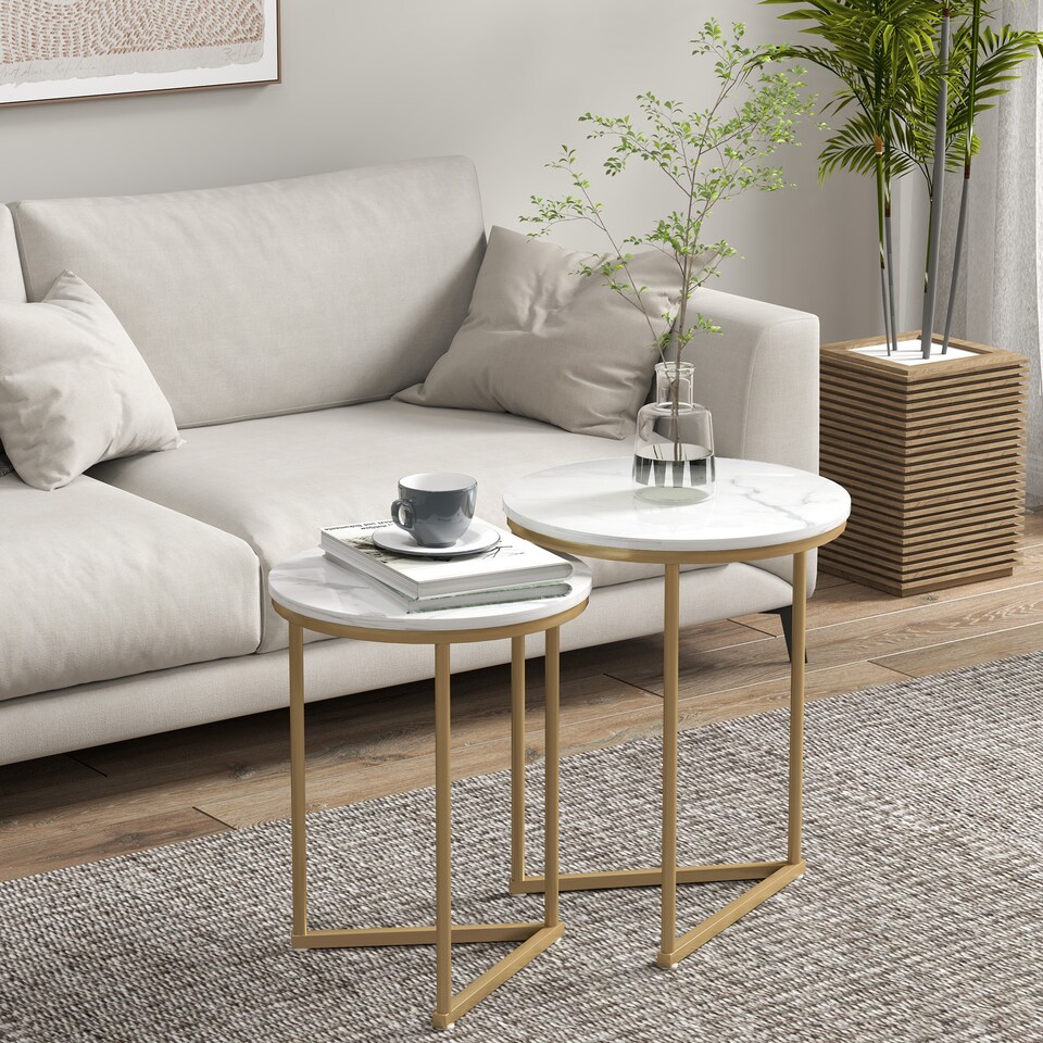 image 1 of HOMCOM Nesting Coffee Table Set of 2, Modern Nest of Tables, Round Sofa Side Tables with Metal Frame for Living Room, Bedroom, Small Space, Gold Tone | Gold