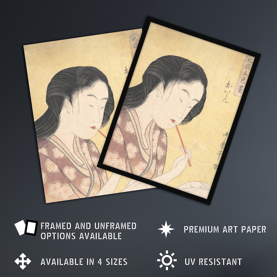 image 1 of Oiran Applying Lipstick Vintage Japan Wall Art Print Kitagawa 12x16"