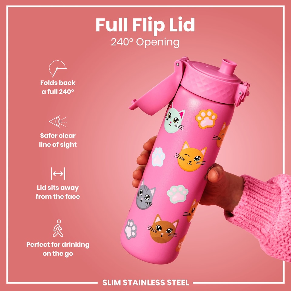 image 1 of Leak Proof Slim Water Bottle, Stainless Steel, 600ml (20oz) | Pink | Cats | One Size