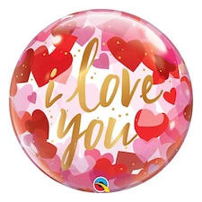 I Love You Paper Hearts See-Thru Bubble Helium Qualatex Balloon 56cm / 22 in | Pink