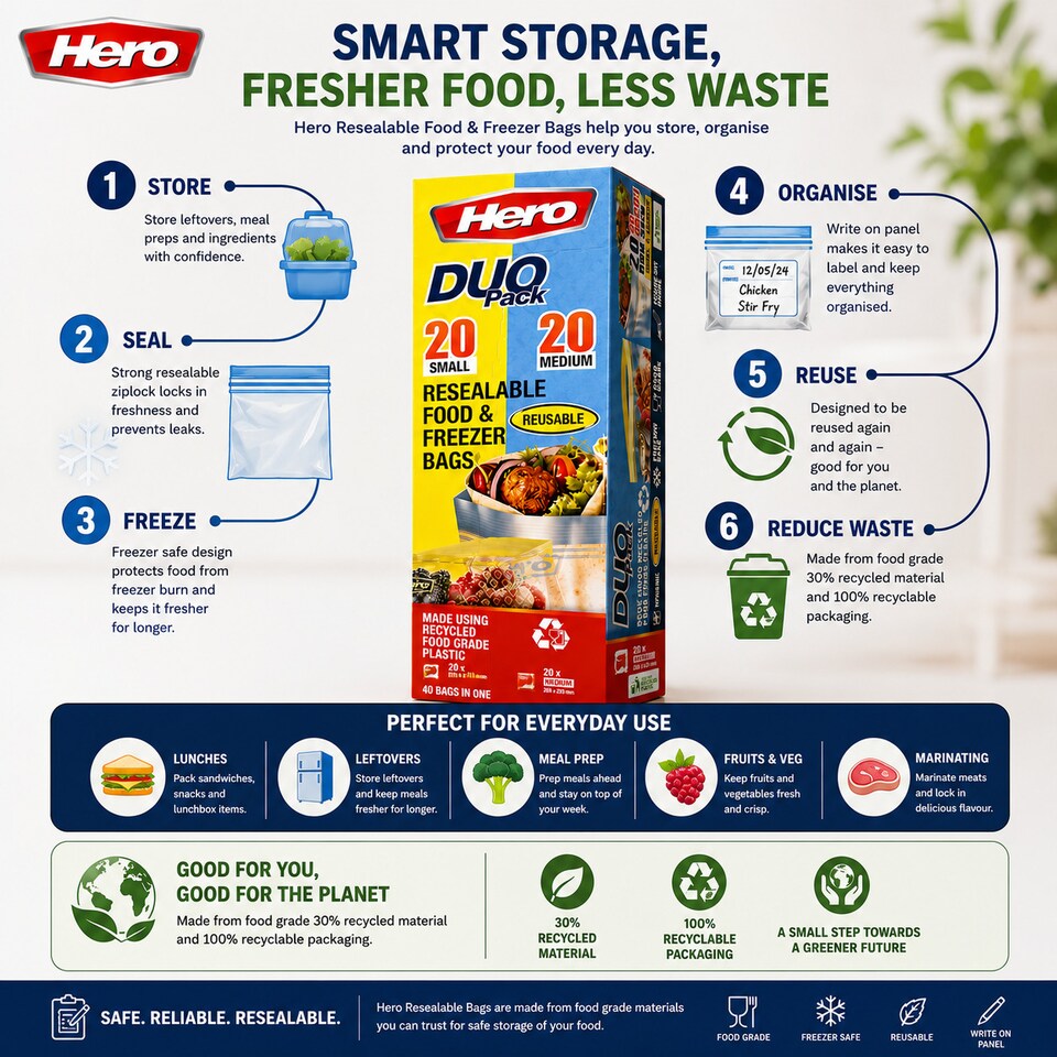image 1 of Hero Resealable Food & Freezer Bags Duo Pack 40 Pack – 20 Small & 20 Medium Reusable Ziplock Food Storage Bags