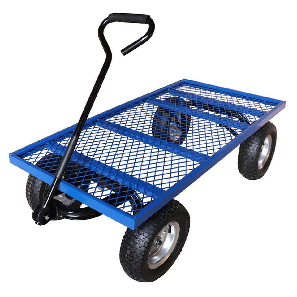 image 1 of Workhorse Trucks General Purpose Heavy-Duty Platform Truck With A Mesh Base, Pneumatic Wheels, Loop Handle, 450kg Capacity | Blue