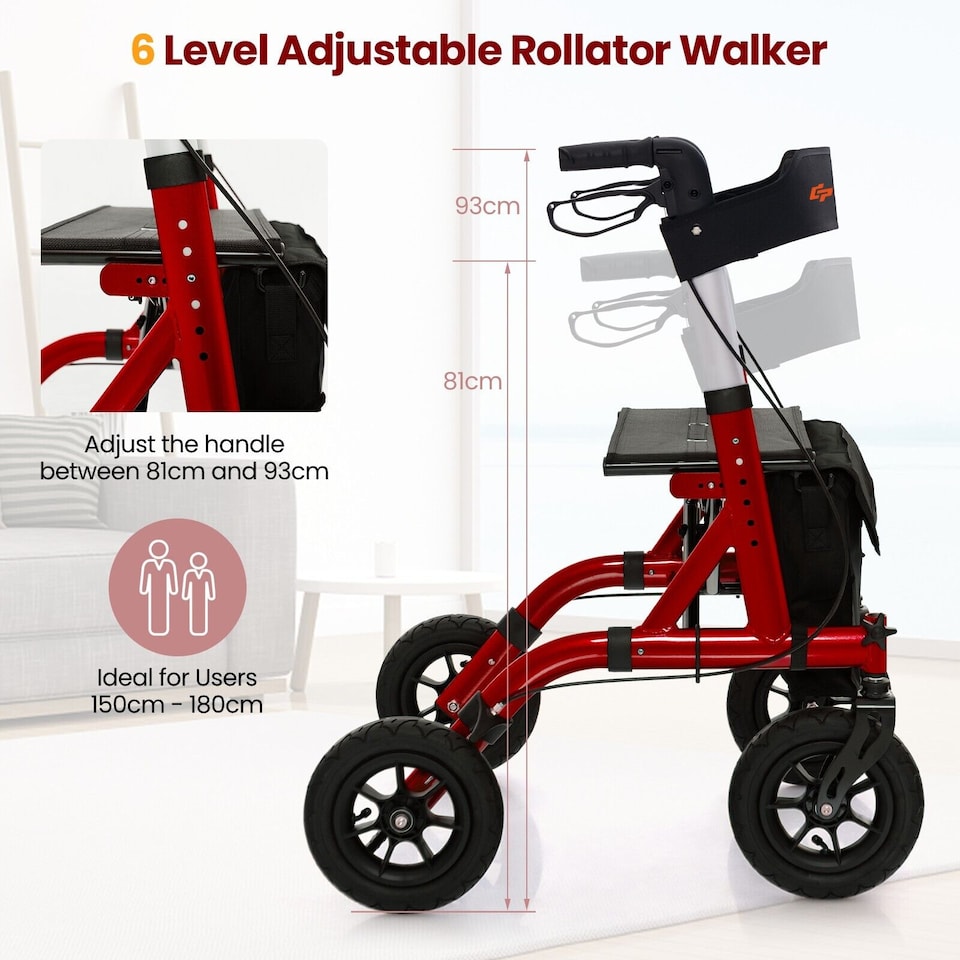 image 1 of COSTWAY Height Adjustable Foldable Rolling Walker with Seat Red