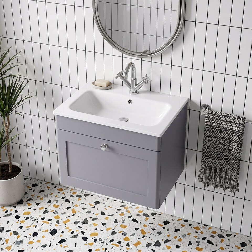 image 1 of Balterley Swynnerton Traditional 1 Drawer Wall Hung Vanity Unit with Stone Basin, Satin Grey, 600mm