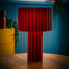 ValueLights Lenny Burgundy Wine Drum Lamp Shade Ribbed Full Fabric Table Lamp with LED Bulb Red