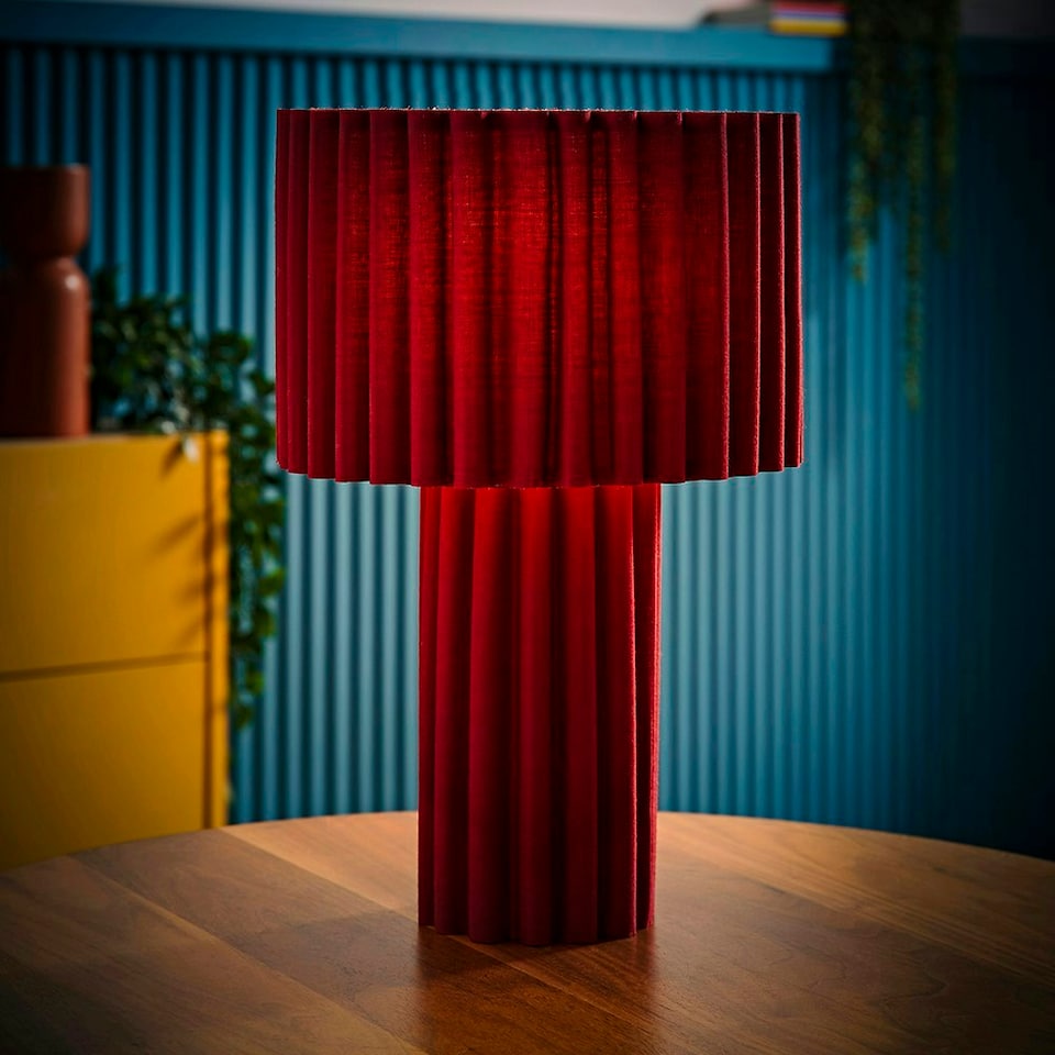 image 1 of ValueLights Lenny Burgundy Wine Drum Lamp Shade Ribbed Full Fabric Table Lamp with LED Bulb Red