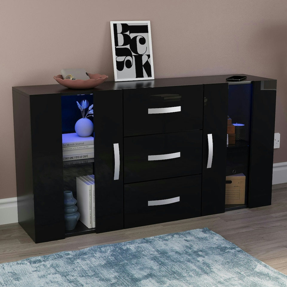 image 1 of Vida Designs Astro 2 Door 3 Drawer LED Sideboard Buffet Cabinet Storage, Black