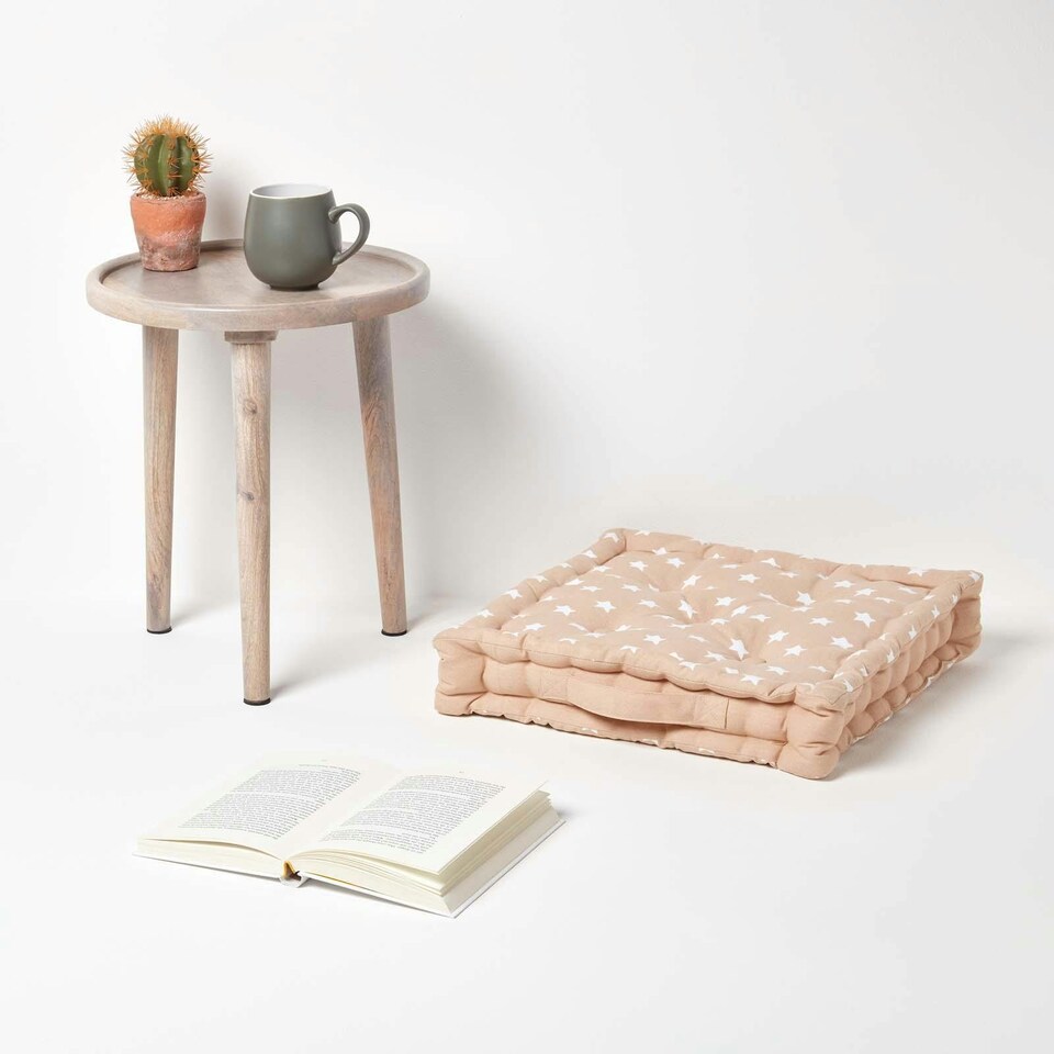 image 1 of Homescapes Cotton Beige Stars Floor Cushion - 50 x 50 cm | Cream | Beige | 50 x 50 cm