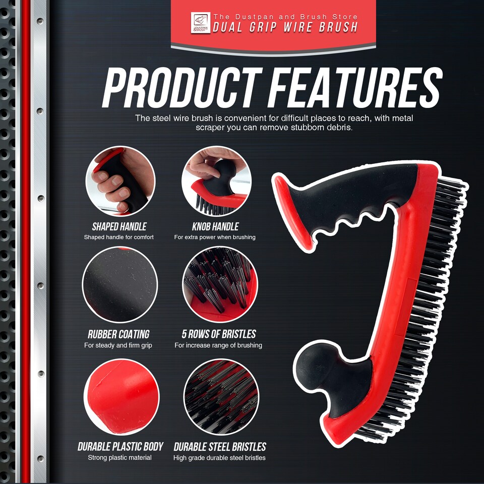 image 1 of Dual Grip Large Wire Scrubbing Brush with Steel Bristles for Heavy Duty Cleaning