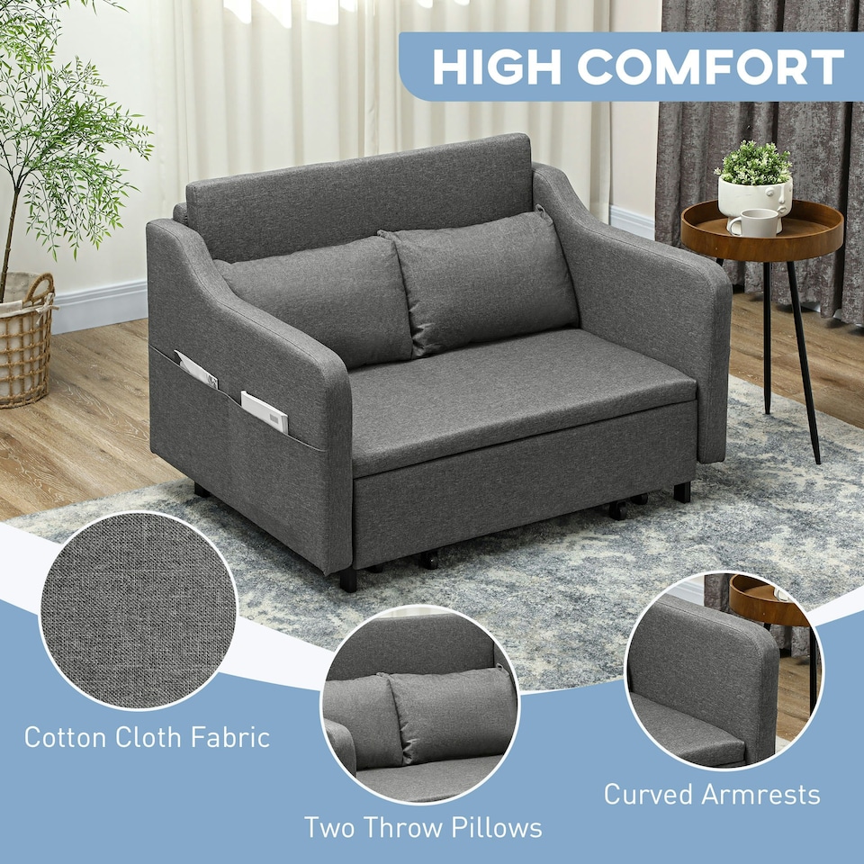 image 1 of HOMCOM Pull Out Sofa Bed, Fabric 2 Seater Sofa Couch for Living Room, Grey