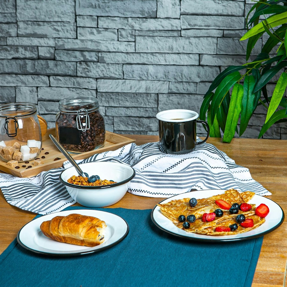 image 1 of Argon Tableware 16 Piece White Enamel Dinner Set - cm - Black