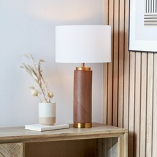 Cylinder Wood Effect Ceramic Tall Table Lamp with Shade | Brown | Brown | 1