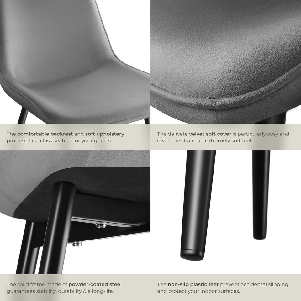 image 1 of Dining Chair Monroe - padded, velvet look, ergonomic seat, black steel legs - Set of 8 Grey