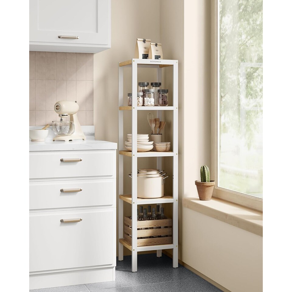 image 1 of Bamboo Freestanding Shelf, Five-Tier Corner Storage Unit for Kitchen, Room, Hallway, Cloud White and Natural Beige
